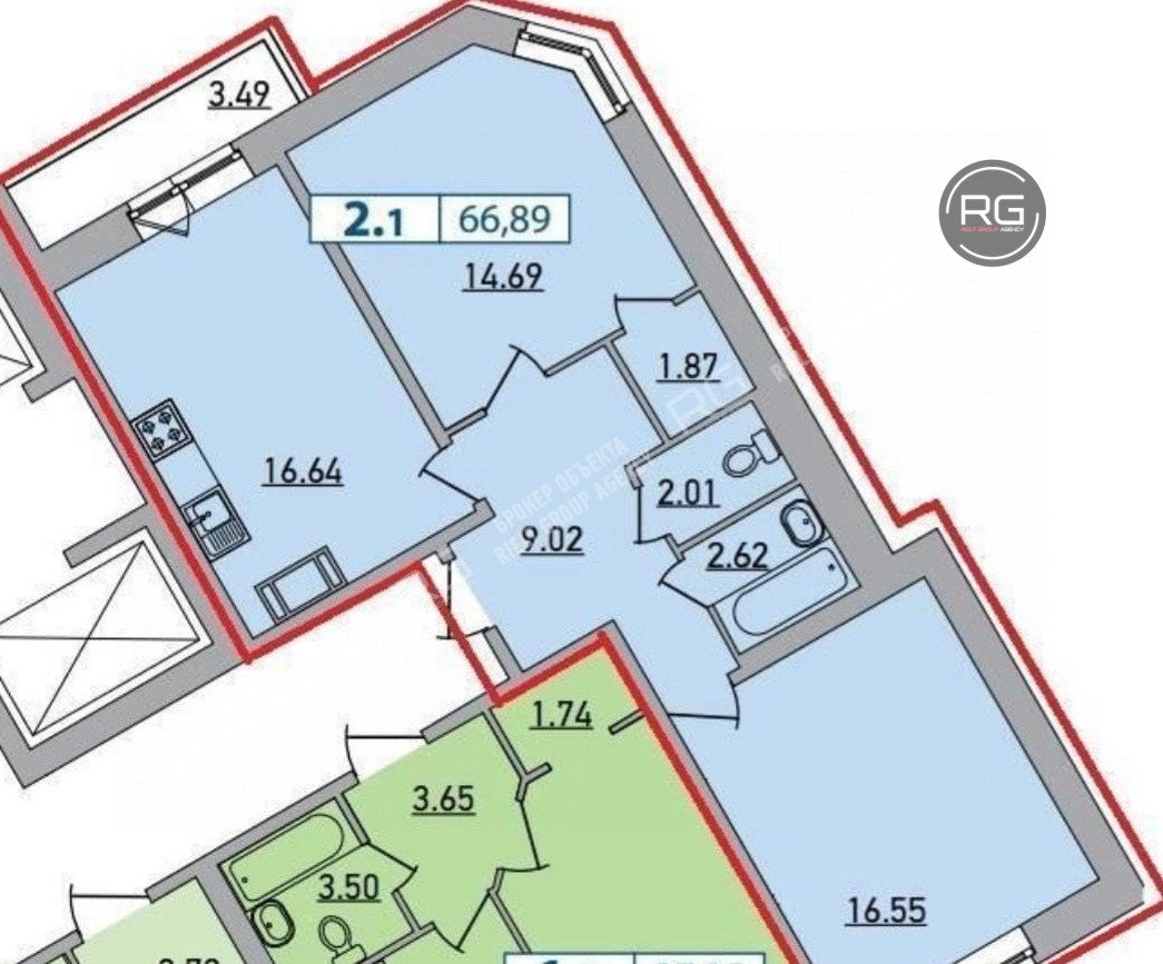   Евротрехкомнатная квартира, 63 кв.м. 