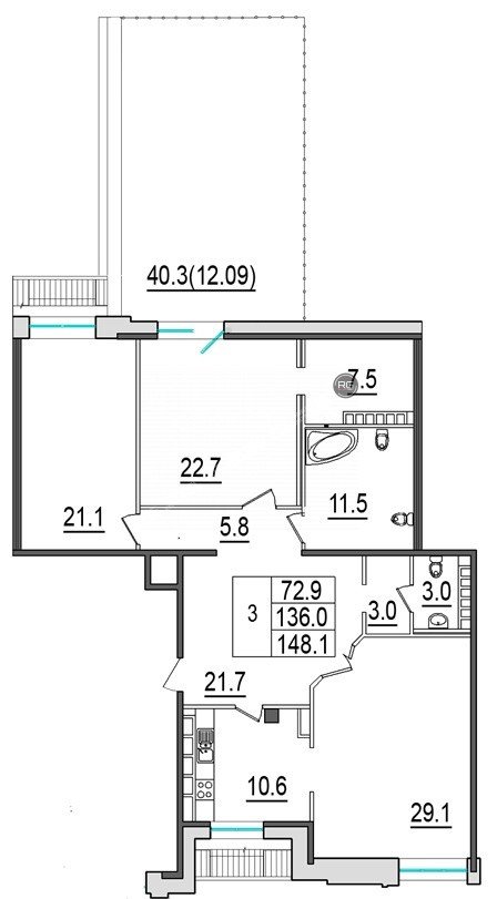   Просторная квартира с террасой, 148 кв.м. 